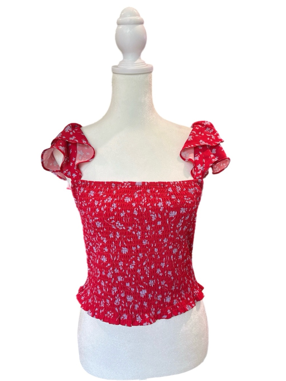 Parker Smocked Red Floral Ruffle Strap Women’s Top